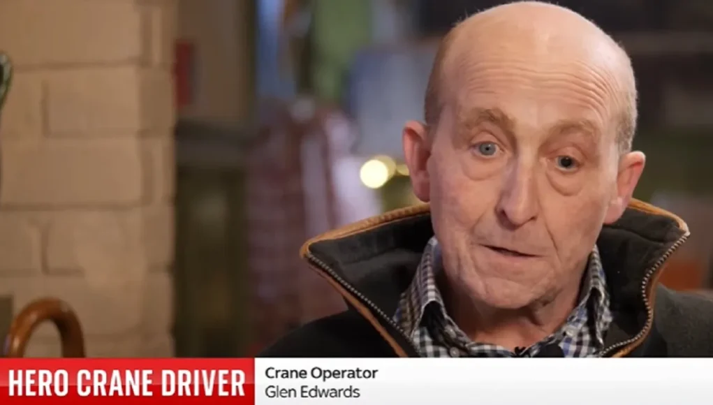 Heroic Crane Rescue, Glen Edwards Bravery, Building Fire Rescue Operation, Crane Operator Saves Life, Emergency Response Heroism, Daring Building Fire Rescue, 65-Year-Old Hero Crane Operator, Reading Building Fire Incident, Courageous Rescue by Crane, Community Fundraiser for Hero.