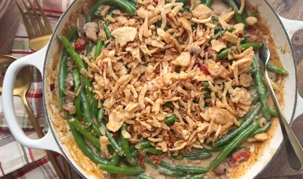 green bean casserole, Thanksgiving, holiday recipe, side dish, homemade, easy recipe, bacon, mushroom sauce, comfort food, vintage