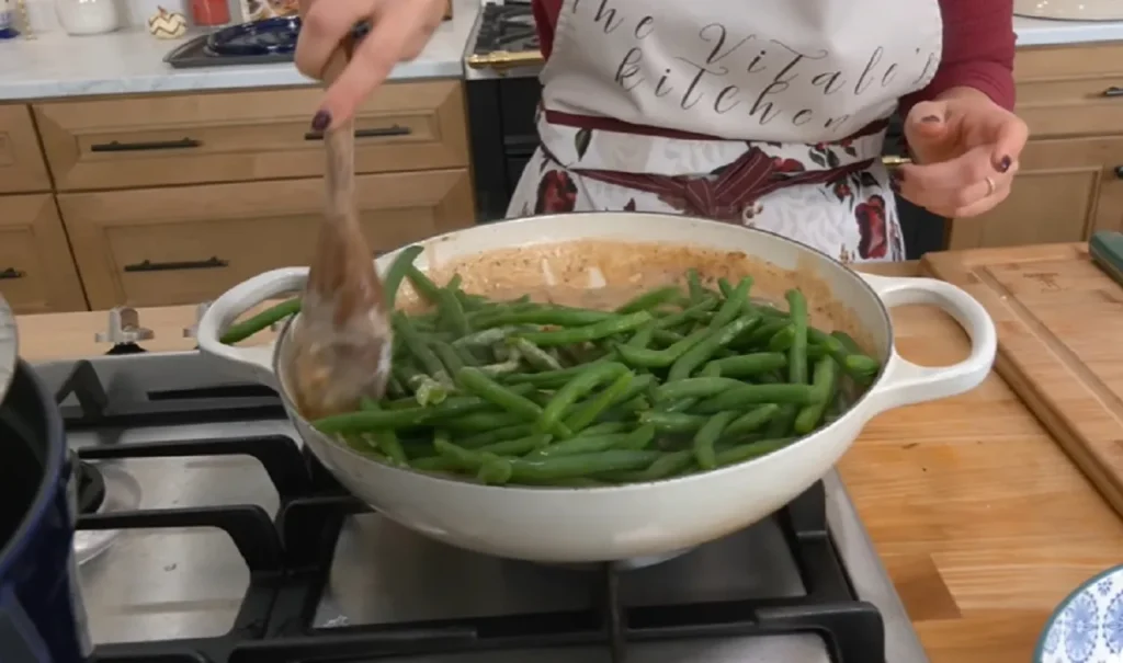 green bean casserole, Thanksgiving, holiday recipe, side dish, homemade, easy recipe, bacon, mushroom sauce, comfort food, vintage