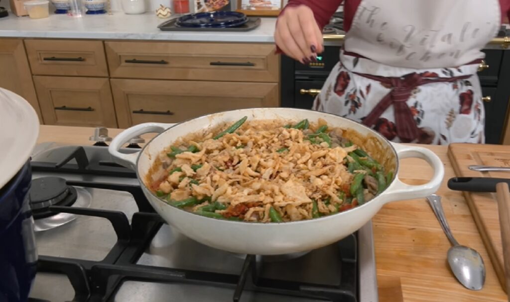 green bean casserole, Thanksgiving, holiday recipe, side dish, homemade, easy recipe, bacon, mushroom sauce, comfort food, vintage