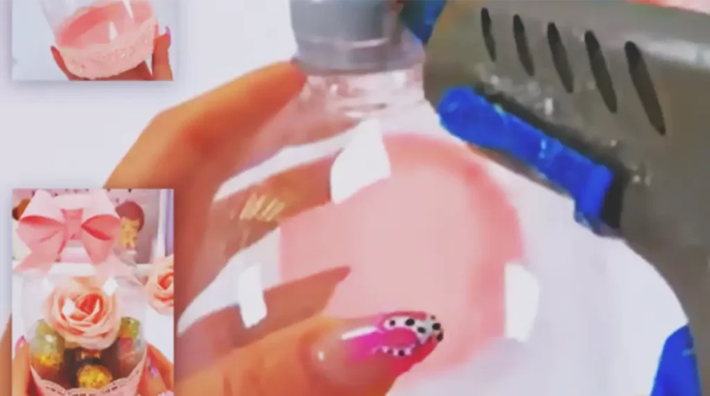 A DIY craft tutorial showing a recycled plastic bottle being transformed into an aesthetic handmade gift or decorative craft using simple materials.
