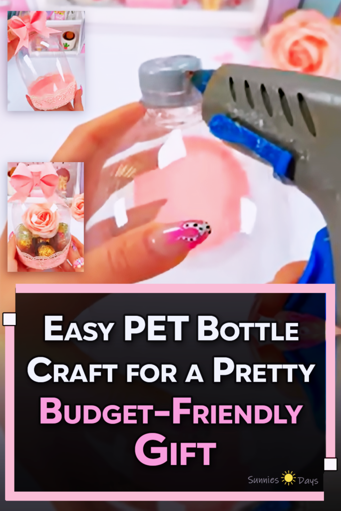 A DIY craft tutorial showing a recycled plastic bottle being transformed into an aesthetic handmade gift or decorative craft using simple materials.