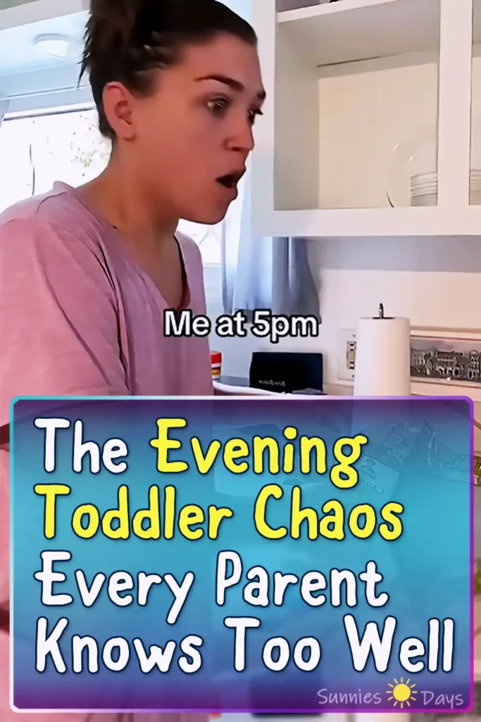 A parenting-themed pin about the exhausting 5 PM to 8 PM window with toddlers, focusing on gentle parenting, evening chaos, dinner stress, and bedtime struggles.