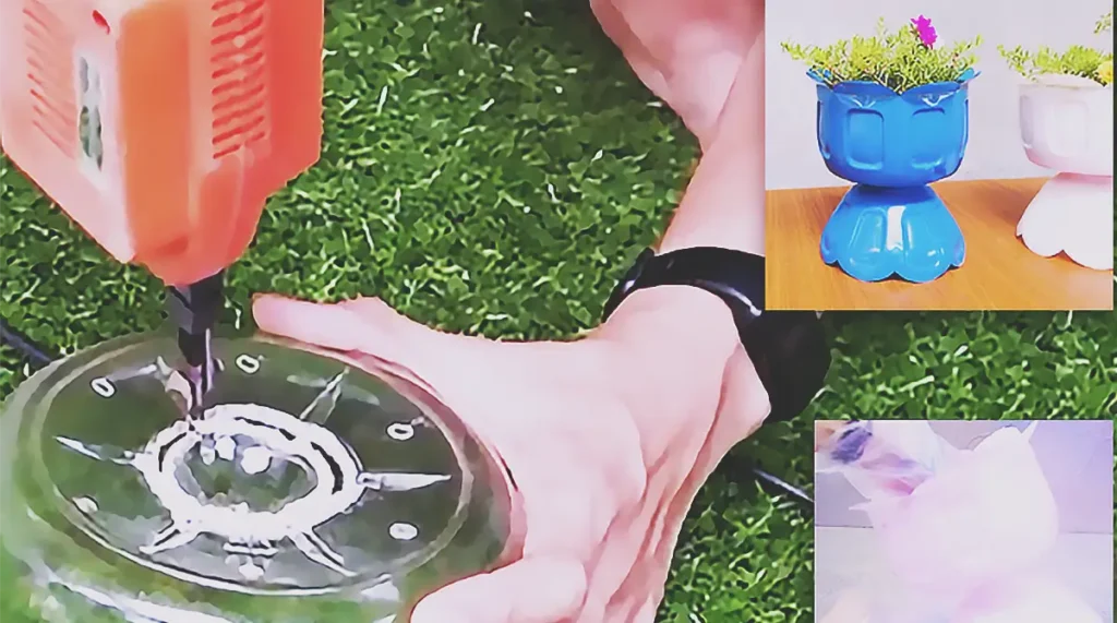 A DIY garden craft showing how used plastic bottles are transformed into decorative two-tier flower pots for flowers or small plants in a recycled planter project.