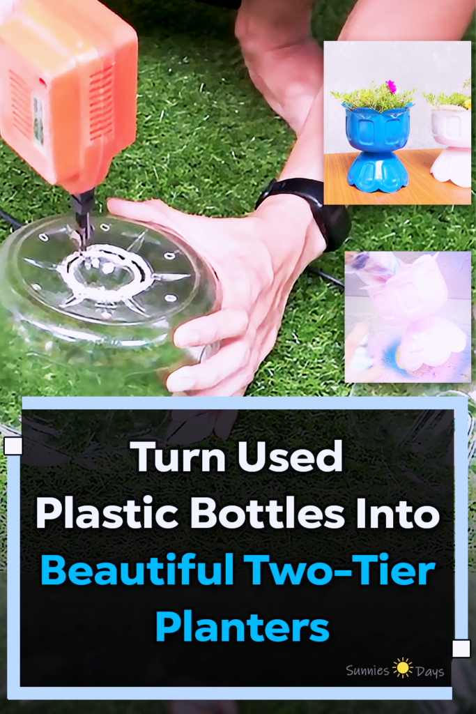 A DIY garden craft showing how used plastic bottles are transformed into decorative two-tier flower pots for flowers or small plants in a recycled planter project.