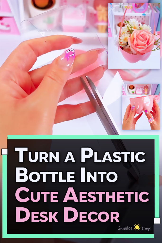 A handmade aesthetic desk decor craft made from a recycled plastic bottle and cardboard, designed as a cute DIY room decor idea using waste materials.