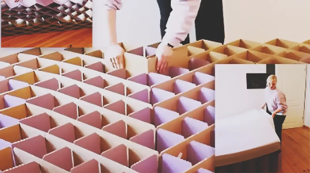 A person assembling a large honeycomb-style cardboard bed frame on a wooden floor, then placing a mattress on top to create a DIY platform bed base.