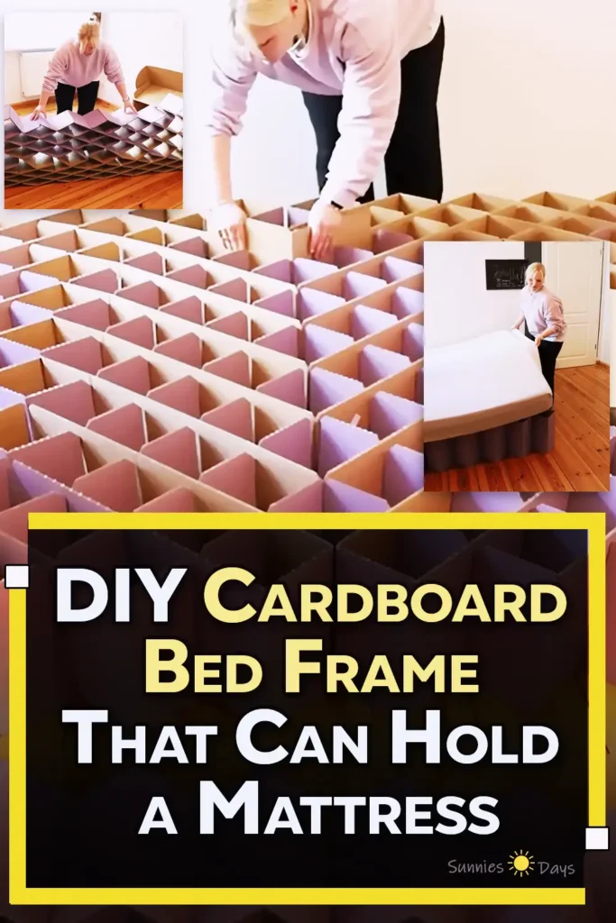 A person assembling a large honeycomb-style cardboard bed frame on a wooden floor, then placing a mattress on top to create a DIY platform bed base.