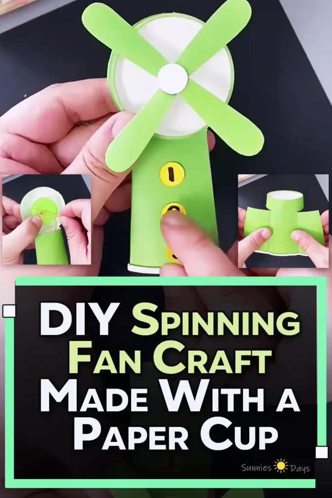 A green paper cup table fan craft with paper blades, a round center button, and numbered yellow stickers on the front, shown as a simple DIY summer craft for kids.
