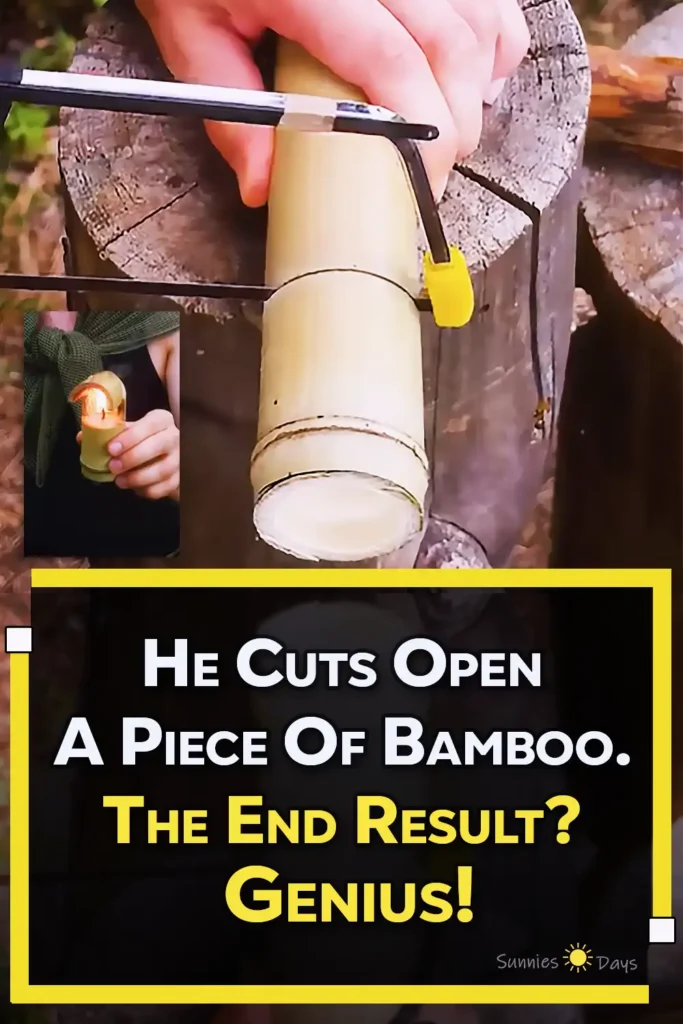 A handmade waterproof bamboo candle with melted blue wax, a cord wick, and foil reflector being lit outdoors for camping and bushcraft survival use.