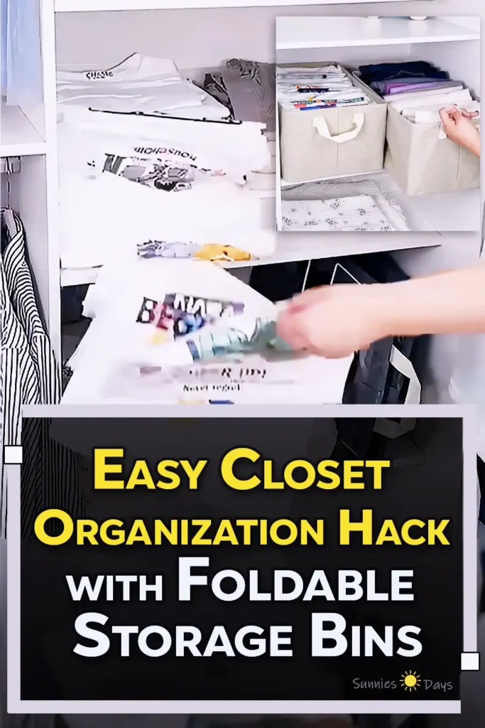 A closet shelf organized with beige fabric storage bins holding T-shirts, pants, and folded clothes upright for a neat wardrobe storage system.