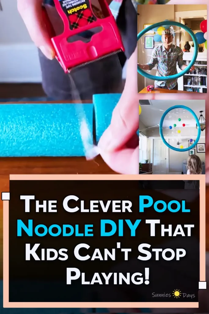 A homemade floating target game made from blue pool noodles joined into a large ring with clear packing tape stretched across the center while children toss lightweight balls toward the target.