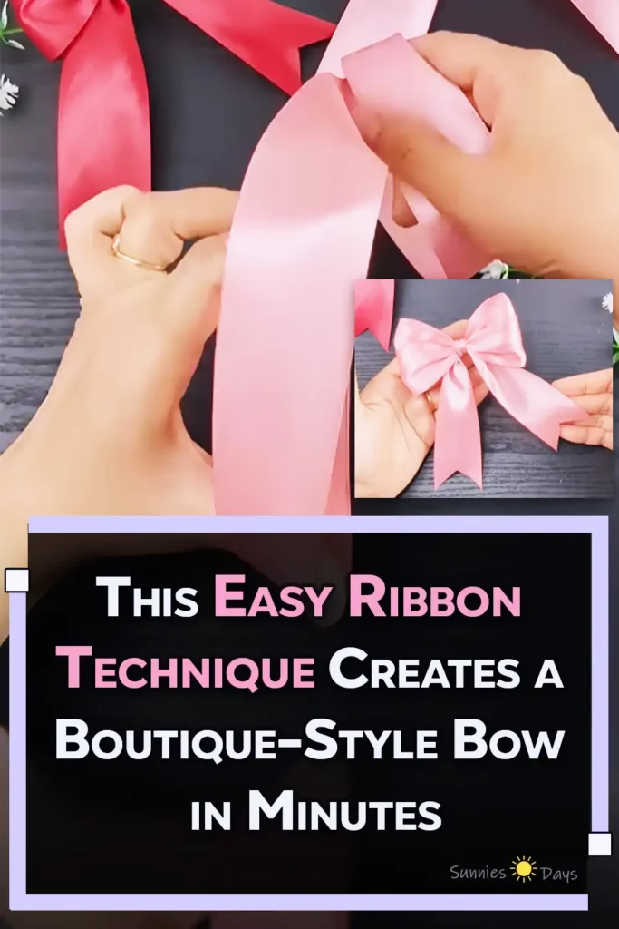Hands demonstrating how to wrap wide pink satin ribbon around the fingers, tighten the center, shape two full loops, and cut the long tails into decorative V-shaped ends.