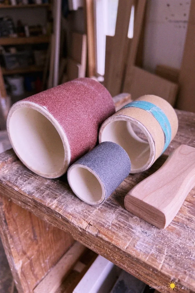 Three PVC pipe sanding blocks with sandpaper and a wooden handle on a workbench.