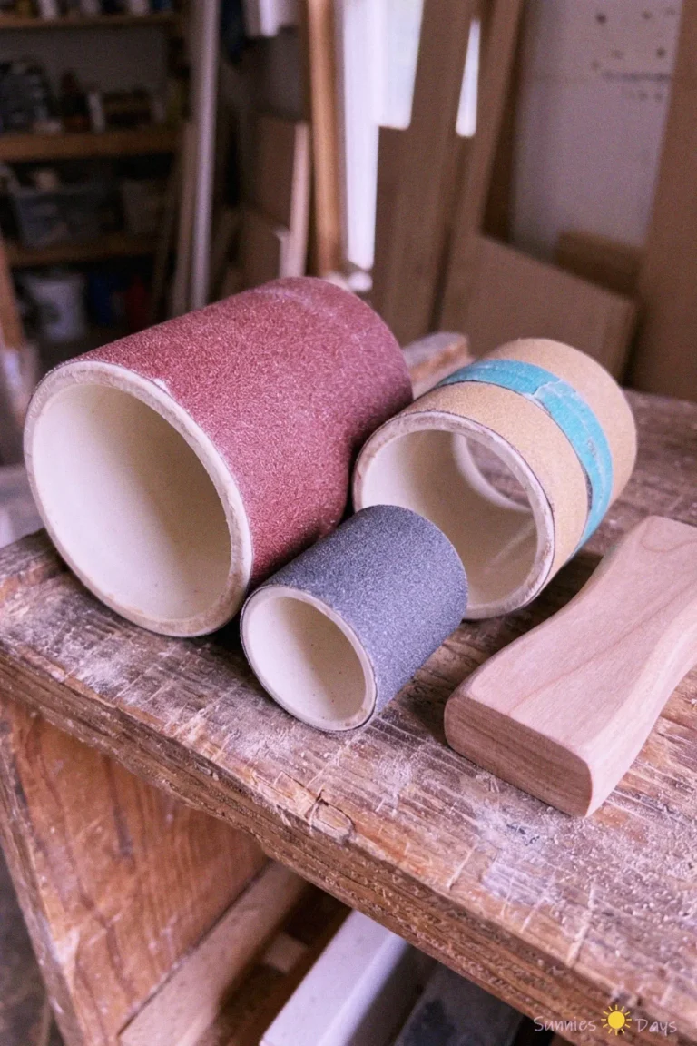 Three PVC pipe sanding blocks with sandpaper and a wooden handle on a workbench.