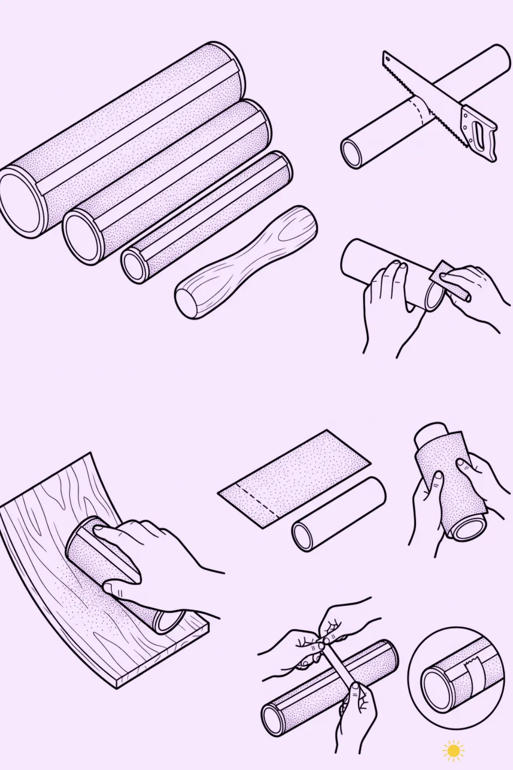 Step-by-step illustration showing how to make sanding blocks using PVC pipes and sandpaper.