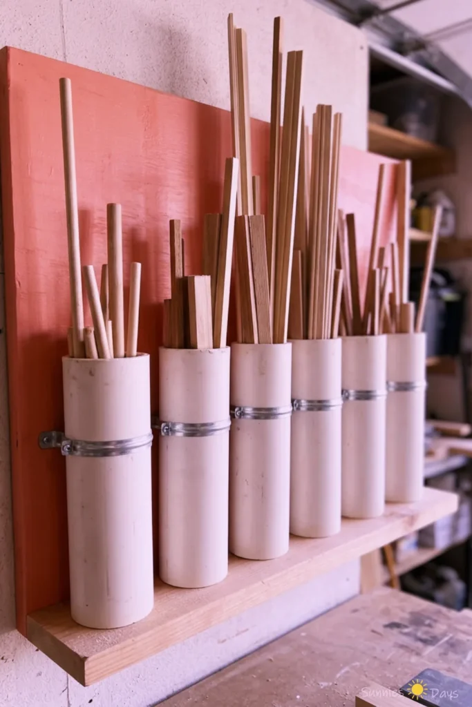 Wall-mounted PVC pipe rack holding wooden dowels and strips